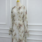 Watercolour Print Double-Layer Flared-Sleeve Maxi Dress(MS479)